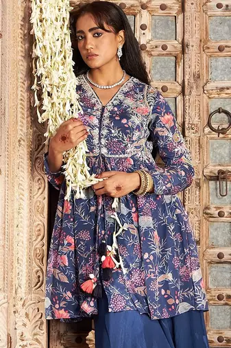 blue embroidered chinnon free size stitched kurta set
