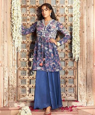 blue embroidered chinnon free size stitched kurta set 3