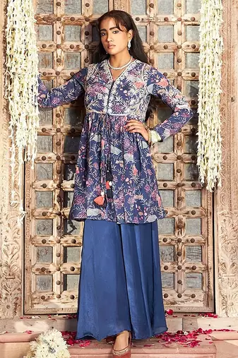 blue embroidered chinnon free size stitched kurta set