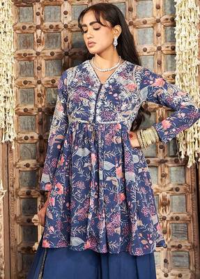 blue embroidered chinnon free size stitched kurta set 4