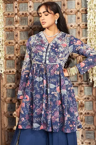 blue embroidered chinnon free size stitched kurta set