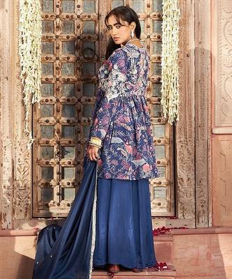 blue embroidered chinnon free size stitched kurta set 5
