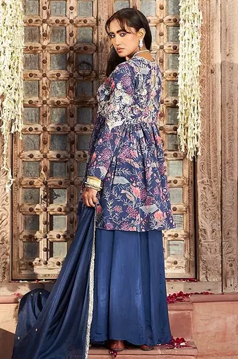 blue embroidered chinnon free size stitched kurta set