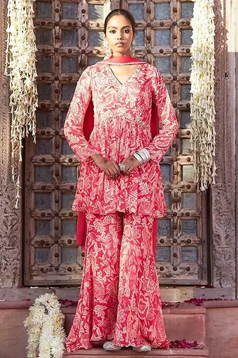 pink embroidered chinnon free size stitched kurta set