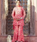 pink embroidered chinnon free size stitched kurta set