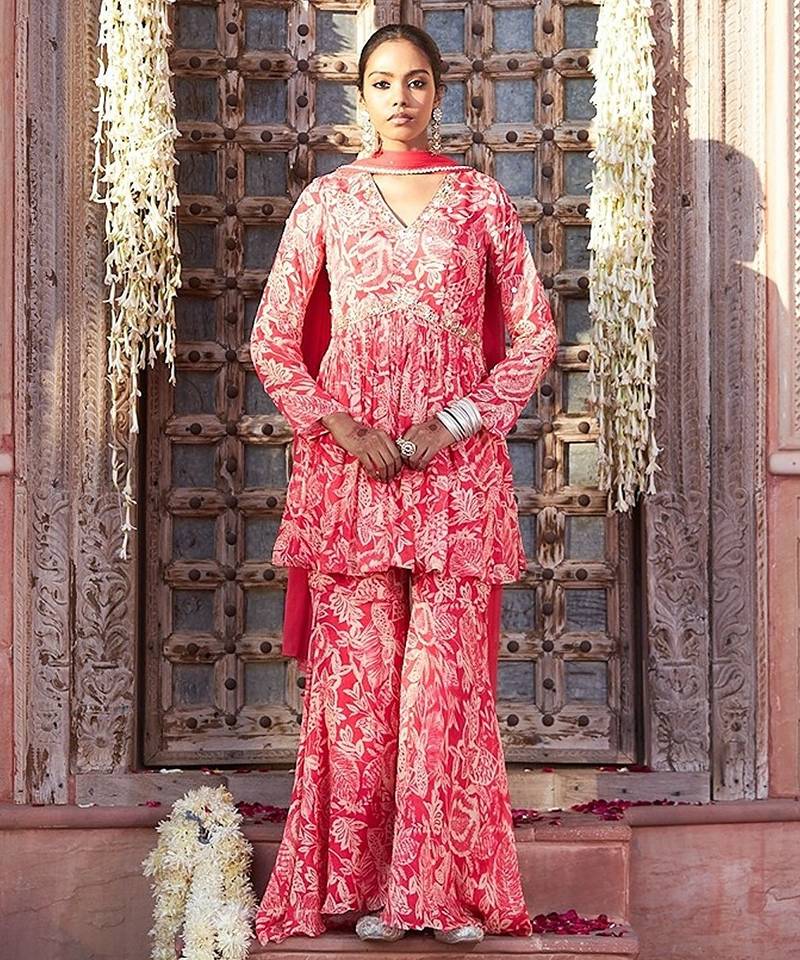 pink embroidered chinnon free size stitched kurta set