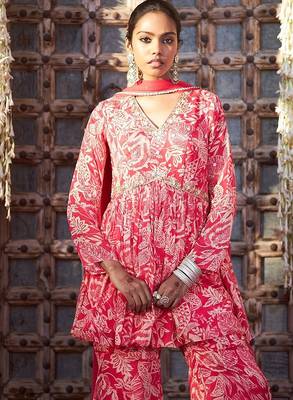 pink embroidered chinnon free size stitched kurta set 2
