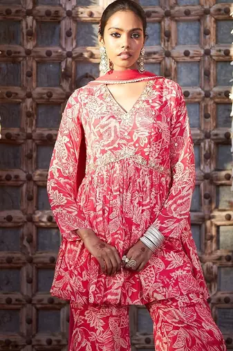 pink embroidered chinnon free size stitched kurta set