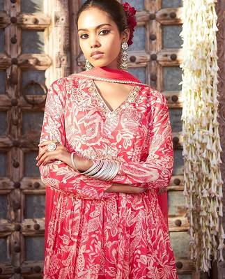pink embroidered chinnon free size stitched kurta set 3