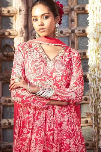 pink embroidered chinnon free size stitched kurta set