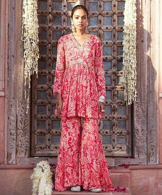 pink embroidered chinnon free size stitched kurta set 5