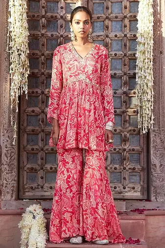 pink embroidered chinnon free size stitched kurta set