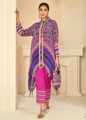multi printed crep silk free size stitched high low kurta suit 1