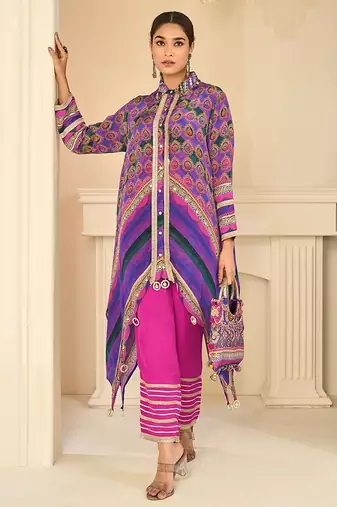 multi printed crep silk free size stitched high low kurta suit