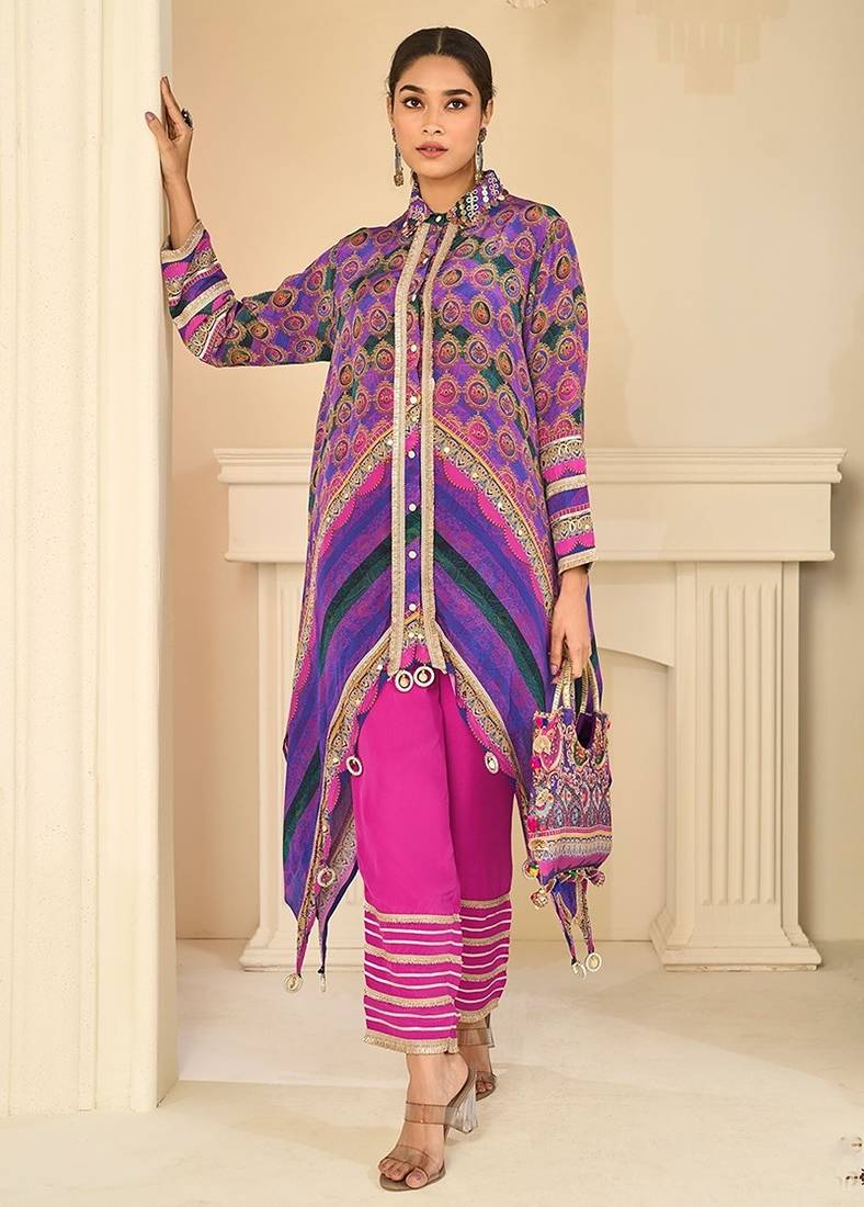 multi printed crep silk free size stitched high low kurta suit