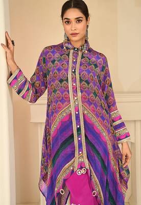 multi printed crep silk free size stitched high low kurta suit 2