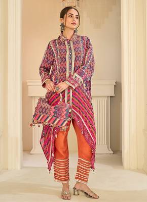 multi printed crep silk free size stitched high low kurta suit 1
