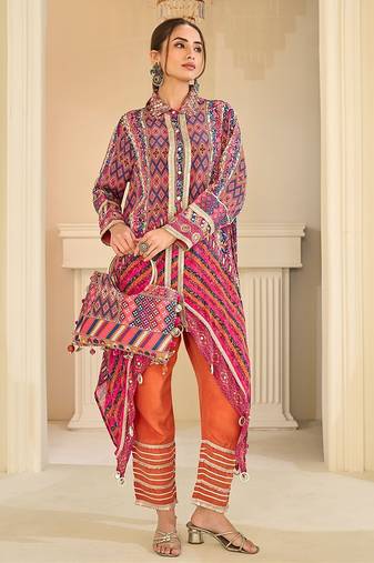 multi printed crep silk free size stitched high low kurta suit