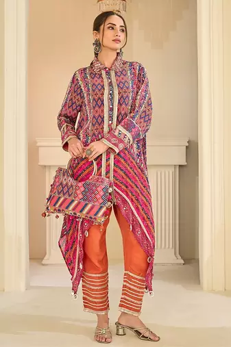 multi printed crep silk free size stitched high low kurta suit