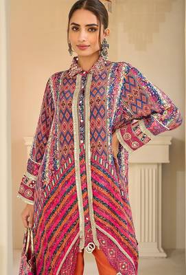 multi printed crep silk free size stitched high low kurta suit 2