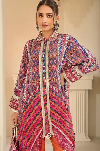 multi printed crep silk free size stitched high low kurta suit