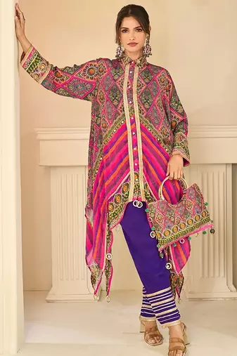multi printed crep silk free size stitched high low kurta suit