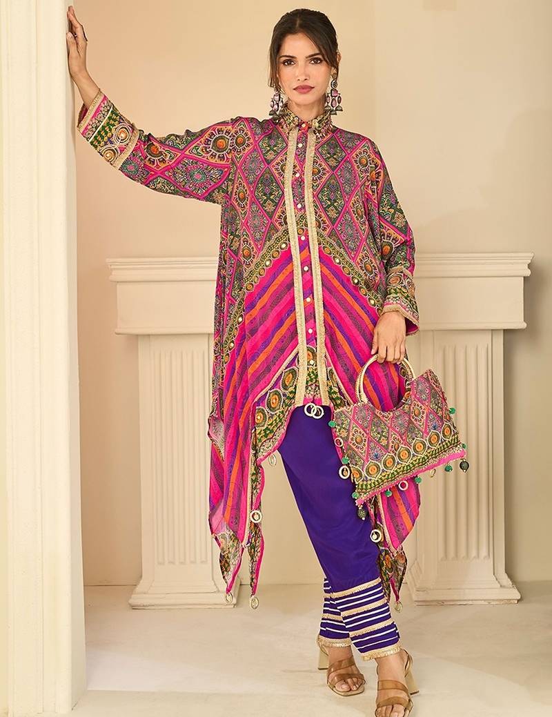 multi printed crep silk free size stitched high low kurta suit