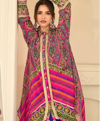 multi printed crep silk free size stitched high low kurta suit 2