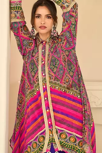 multi printed crep silk free size stitched high low kurta suit