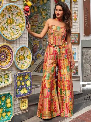 multi printed viscos position jacquard silk free size stitched strapless tube bodice suit 1