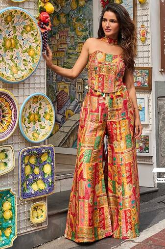 multi printed viscos position jacquard silk free size stitched strapless tube bodice suit