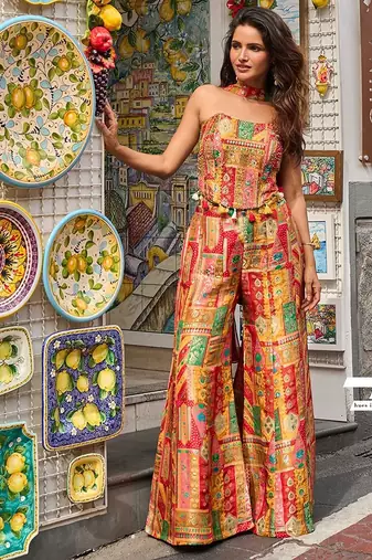 multi printed viscos position jacquard silk free size stitched strapless tube bodice suit