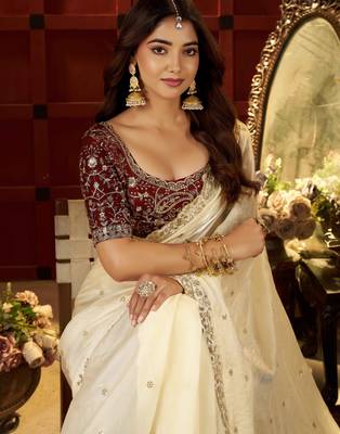 Beige Colour Satin Silk Saree with Heavy Embroidery Work 1