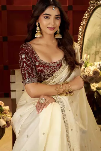 Beige Colour Satin Silk Saree with Heavy Embroidery Work