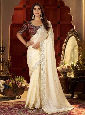 Beige Colour Satin Silk Saree with Heavy Embroidery Work 2