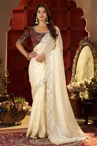 Beige Colour Satin Silk Saree with Heavy Embroidery Work