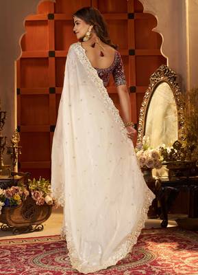 Beige Colour Satin Silk Saree with Heavy Embroidery Work 3