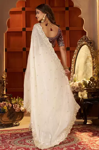 Beige Colour Satin Silk Saree with Heavy Embroidery Work