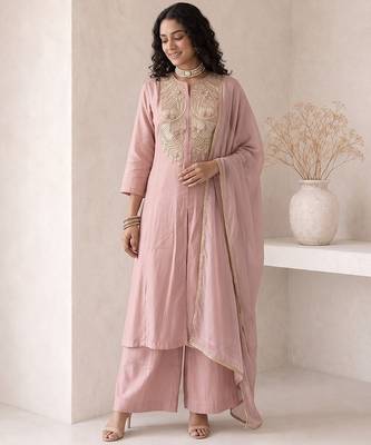 soft rose pink embroidered roman silk free size stitched a-line kurta set 1