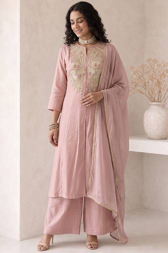 soft rose pink embroidered roman silk free size stitched a-line kurta set