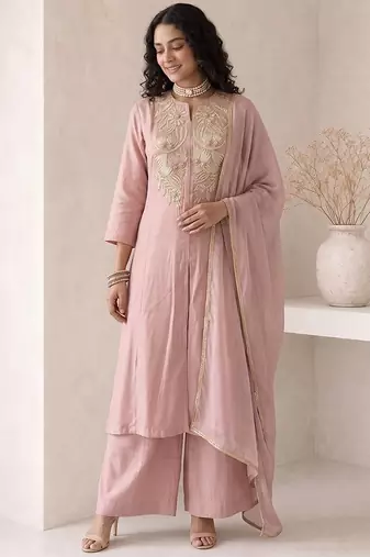 soft rose pink embroidered roman silk free size stitched a-line kurta set