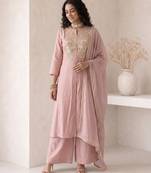 soft rose pink embroidered roman silk free size stitched a-line kurta set