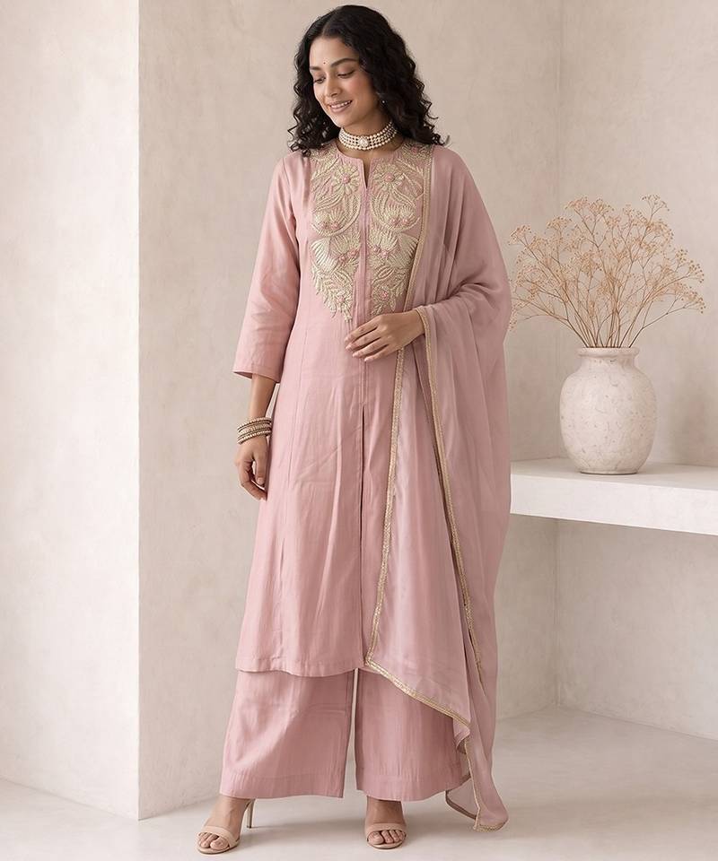 soft rose pink embroidered roman silk free size stitched a-line kurta set