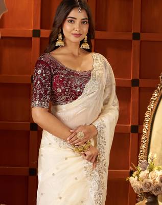 Beige Colour Satin Silk Saree with Heavy Embroidery Work 6