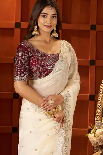 Beige Colour Satin Silk Saree with Heavy Embroidery Work