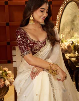 Beige Colour Satin Silk Saree with Heavy Embroidery Work 7
