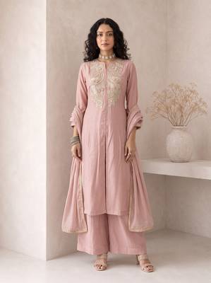 soft rose pink embroidered roman silk free size stitched a-line kurta set 2