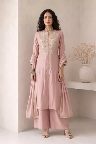 soft rose pink embroidered roman silk free size stitched a-line kurta set