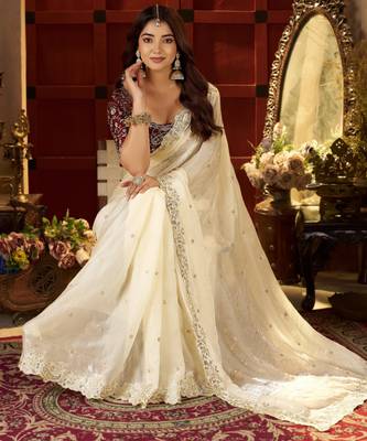 Beige Colour Satin Silk Saree with Heavy Embroidery Work 11