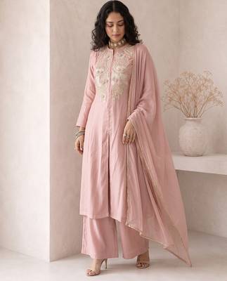 soft rose pink embroidered roman silk free size stitched a-line kurta set 3